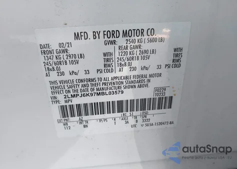 2021 Lincoln Nautilus Reserve z USA, uszkodzony, nr VIN 2LMPJ6K97MBL03579